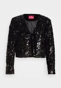 Μαύρο cropped σακάκι με παγιέτες και μακριά μανίκια, με V-λαιμό, μαλακή υφή, και λεπτομέρεια δέσιμου μπροστά. Επενδεδυμένο εσωτερικά χωρίς επιπλέον μοτίβα.