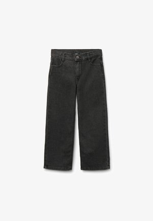 Czarne dżinsowe spodnie o prostym kroju, z zapięciem na guzik z przodu, szlufkami na pasek i standardowym pięciopocketowym wzorem.