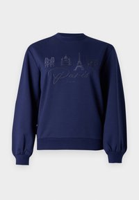 Sweat-shirt bleu marine à col rond, avec des monuments de Paris brodés et le texte "Paris". Manches avec poignets et coupe décontractée.