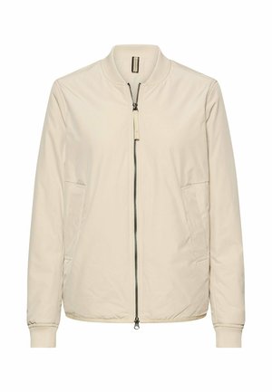 Beige Bomberjacke mit Reißverschluss vorne, zwei Seitentaschen, gerippten Bündchen und glattem, leichtem Material. Einfaches Design, ohne Muster.