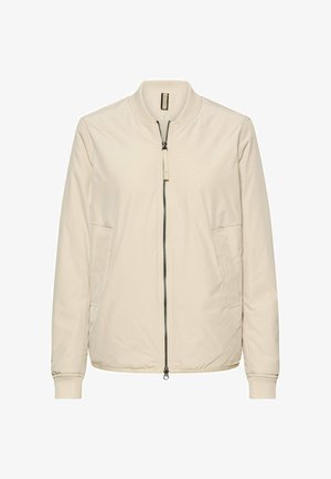 Beige Bomberjacke mit Reißverschluss vorne, zwei Seitentaschen, gerippten Bündchen und glattem, leichtem Material. Einfaches Design, ohne Muster.