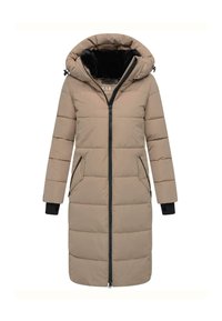 Abrigo de invierno largo acolchado beige con cremallera negra, capucha forrada de piel negra, bolsillos laterales y puños internos negros.