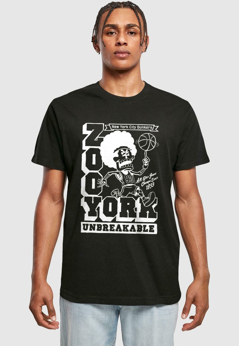 Black cotton t-shirt featuring white graphic design with text "ZOO YORK" and a character holding a basketball. Short sleeves, standard fit.