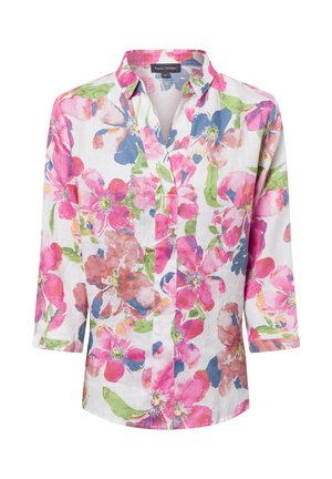 Floral button-up shirt in white linen featuring pink, blue, and green flower patterns. It has a collar and three-quarter length sleeves.