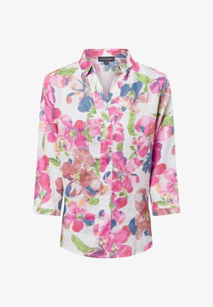 Witte linnen bloemenoverhemd met roze, blauwe en groene bloemenpatronen. Het heeft een kraag en driekwartmouwen.