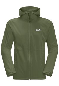 Olivinvihreä vedenpitävä takki, jossa on täyspitkä vetoketju, säädettävä huppu ja logo rinnassa. Ominaisuuksiin kuuluu sileä pinta ja pitkät hihat.