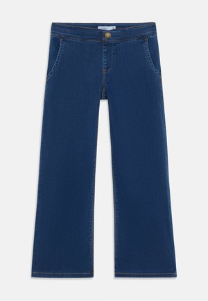 Mørkeblå denim jeans med rette ben, som har knaplukning, fem lommer og kontrastsyninger langs sømmene.