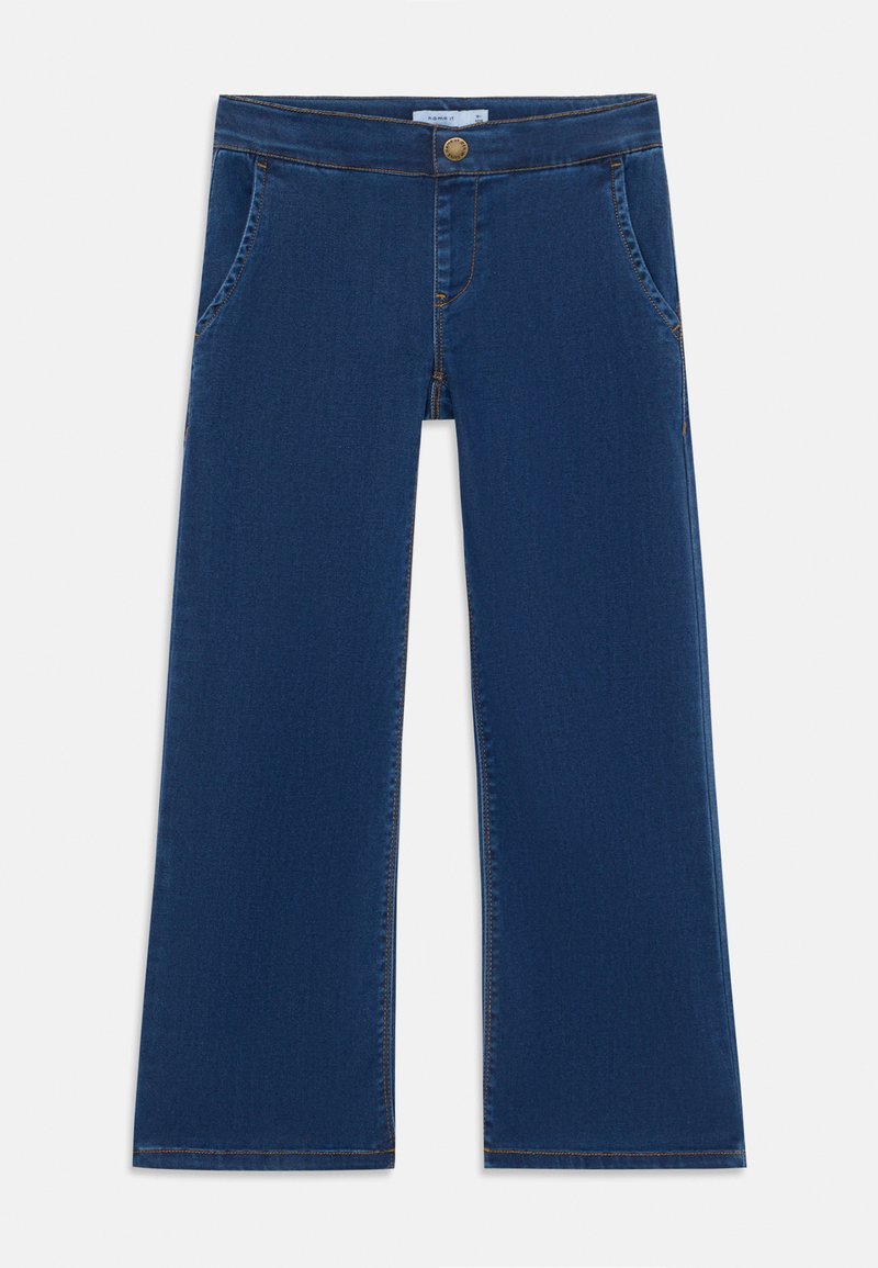 Donkerblauwe denim straight-leg jeans met een knoopsluiting, vijf zakken en contrasterende steken langs de naden.