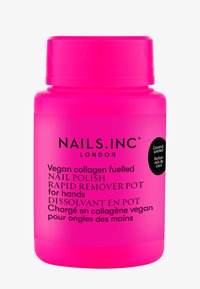 Levendig roze, glad plastic container voor nagellakremover, met zwarte tekst en een ronde label die de kokosgeur aangeeft.