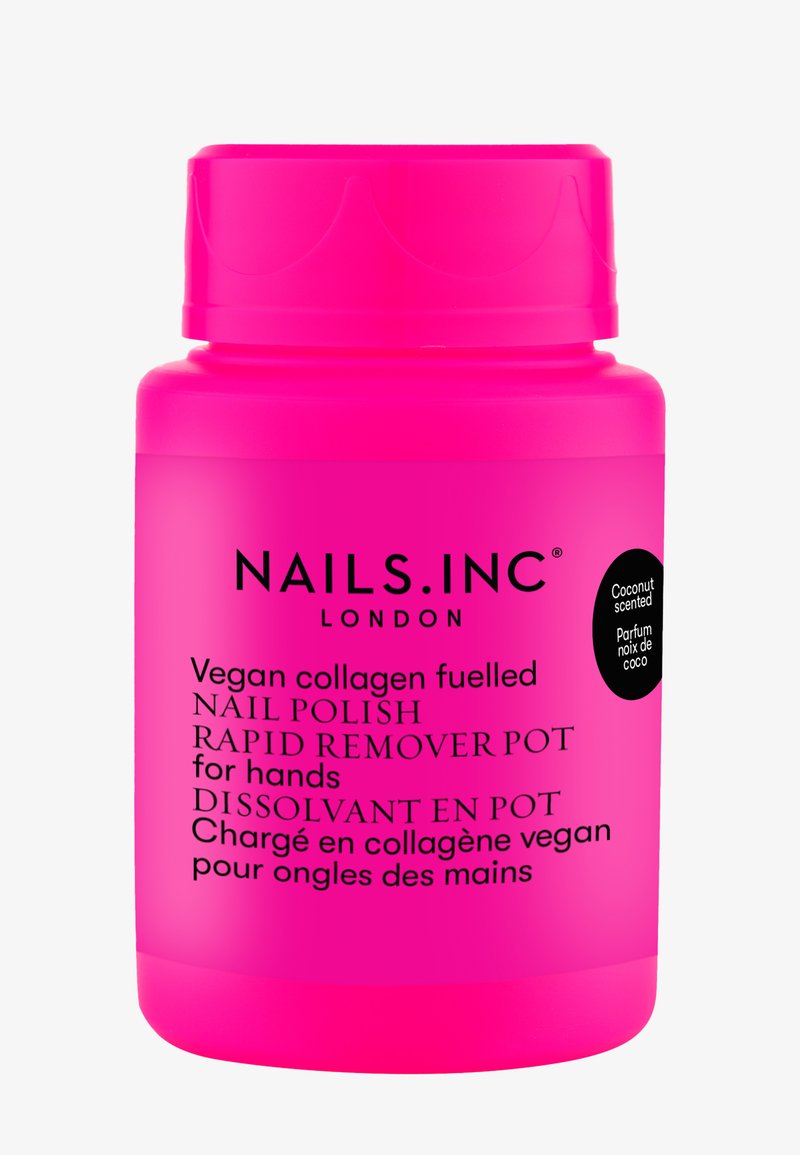 Levendig roze, glad plastic container voor nagellakremover, met zwarte tekst en een ronde label die de kokosgeur aangeeft.