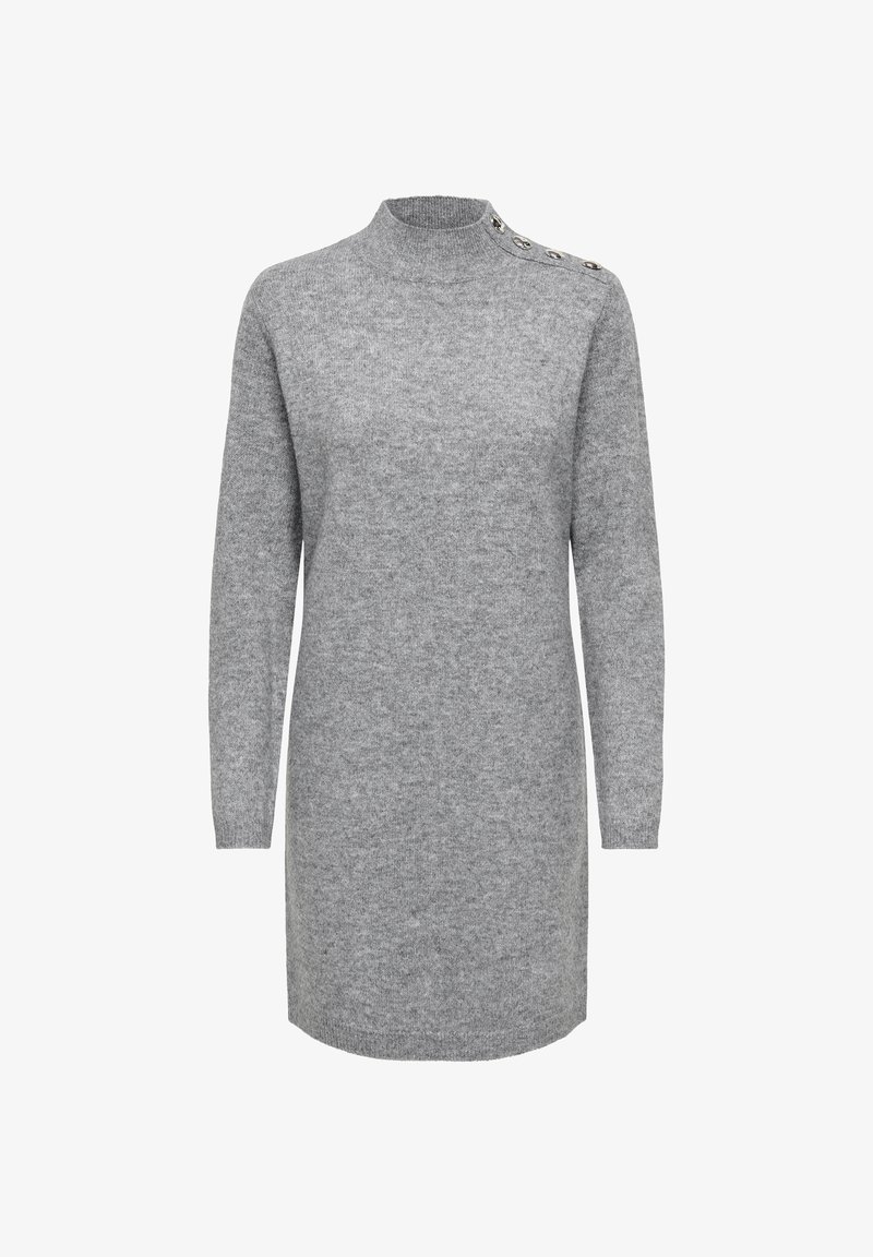 Robe-pull en maille grise à manches longues avec un col montant et quatre boutons sur une épaule.