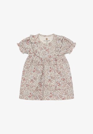 Weißes Baby-Kleid mit rosa und lila Blumenmuster, kurzen Rüschenärmeln und einem runden Ausschnitt, Größe 68 für 6 Monate.