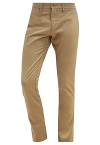 Pantaloni beige realizzati in tessuto liscio; presentano una vestibilità classica, chiusura con bottone e passanti per cintura. Nessun motivo o accento visibile.
