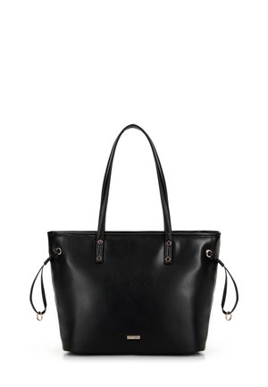 Schwarze Ledertasche mit zwei oberen Tragegriffen, goldenen Hardware-Akzenten und Kordelzugverschluss an den Seiten. Glatte Textur, minimalistisches Design.