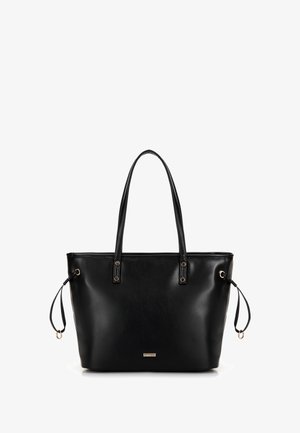 Black leather tote bag with two top handles, gold hardware accents, and drawstring closure on sides. Smooth texture, minimalist design.