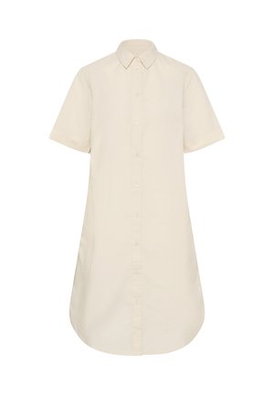 Robe-chemise beige à manches courtes avec col pointu et ourlet légèrement arrondi.