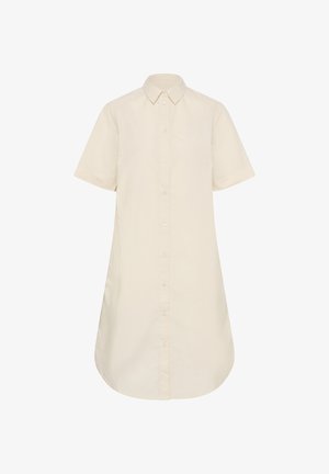 Robe-chemise beige à manches courtes avec col pointu et ourlet légèrement arrondi.