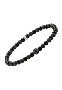 Bracciale di perline nere con perline matte e lucide alternate, caratterizzato da una perlina testurizzata e un piccolo charm in argento inciso con la scritta "SABO".