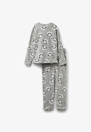 Szary zestaw piżamy wykonany z miękkiego materiału, z długimi rękawami i spodniami w powtarzający się wzór pandaszych twarzy oraz czarne kropki.