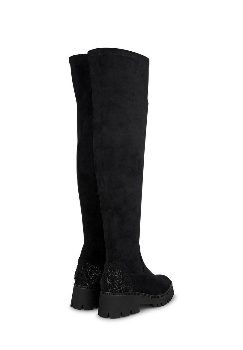 Zwarte over-de-knie laarzen van suede, met een gestructureerde achterkant met studs en een chunky platformzool. Gladde afwerking met een matte uitstraling.