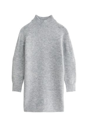 Robe pull col roulé en maille côtelée gris clair, manches longues et coupe décontractée.