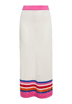 Pletená maxi sukňa v bielej farbe s ružovým rebrovaným pásom. V hornej časti je riešená viacfarebnými horizontálnymi pruhmi v červenej, modrej, oranžovej a ružovej farbe na leme.