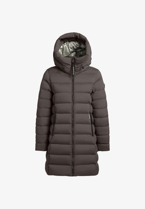 Tumed hall priiatsiga puffy jakk, millel on kapuuts, lukuga tõmblemine ja külgedel lukuga taskud. Sile tekstuur ja läikiv vooder.