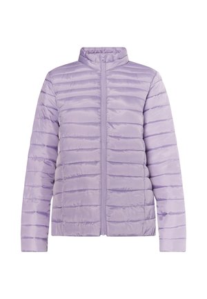 Lichtpaarse pufferjack met horizontaal quiltpatroon, hoge kraag en rits aan de voorkant. Gemaakt van gladde, glanzende stof.