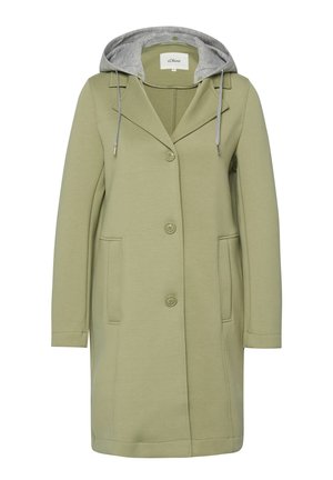 Hellolivgrüner knielanger Mantel mit langen Ärmeln, drei Knöpfen vorne, Seitentaschen und angenähter hellgrauer Kapuze mit Kordelzug.