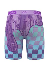 Lilla og teal boksershorts med rutemønster, grafiske designelementer, en kontrasterende midjebånd merket "PSD" og en glatt tekstur.