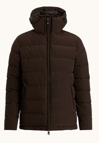 Bruine pufferjack met een capuchon, voorzien van horizontaal gestikte delen, ritszakken en een hoge kraag voor extra warmth.