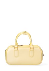 Borsa in finta pelle gialla con forma arrotondata, doppi manici, chiusura con zip e dettagli in metallo. Texture liscia, design minimalista.