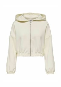 Zkrácená zipová mikina v světle béžové barvě, s kapucí na šňůrku, oversized rukávy a elastickými lemy na rukávech a spodním okraji, s hladkým povrchem.