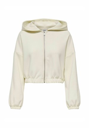 Krótkie rozpinane hoodie w jasnym beżu, z kapturem na sznurki, oversized rękawami oraz elastycznym dołem i mankietami, o gładkiej teksturze.