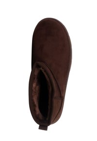 Brun ankelstøvle i ruskind med rundet tå, blødt, lunt for og løkke bagpå til nem påtagning. Glat yderside.