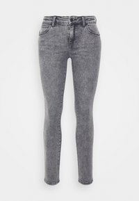 Vaqueros ajustados en denim gris desvaído, con una cintura alta, clásico diseño de cinco bolsillos y sutiles detalles de costura en los bolsillos.