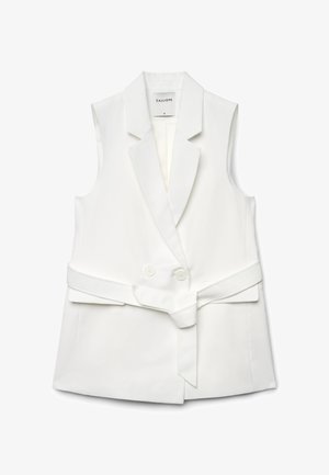 Blazer bianco senza maniche con collo a revers, doppio bottone frontale e cintura abbinata che segna la vita. Tessuto liscio e design strutturato.