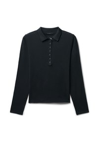 Polo shirt lungo nero a maniche lunghe con colletto, presenta una chiusura con bottoni, una texture morbida e un orlo dritto. Design semplice e classico.