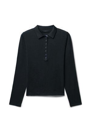 Polo à manches longues noir avec col, doté d'un devant à boutonnière, d'une texture douce et d'un ourlet droit. Design simple et classique.