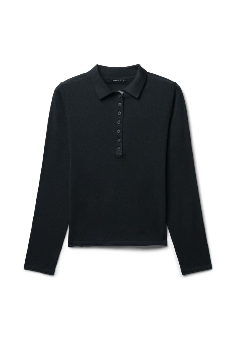 Polo shirt lungo nero a maniche lunghe con colletto, presenta una chiusura con bottoni, una texture morbida e un orlo dritto. Design semplice e classico.