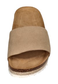 Beige suede slide sandal with a wide strap, soft inner lining, and a jute-wrapped sole. Features a rounded toe and flat profile.