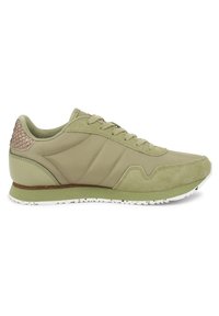 Light green sneaker featuring a mix of smooth and suede textures, textured accent at the heel, flat white speckled outsole, and lace-up design.