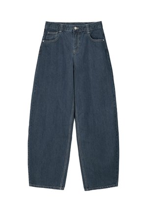 Dunkelblaue Denim-Hosenträger mit weitem Bein und hoher Taille, ausgestattet mit fünf Taschen und sichtbaren Nähdetails. Sauberes, minimalistisches Design.