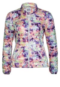 Dámská pufovaná bunda s květinovým vzorem v pastelových odstínech, přední zip, kapsy na zip a vysoký límec, značka Vero Moda.