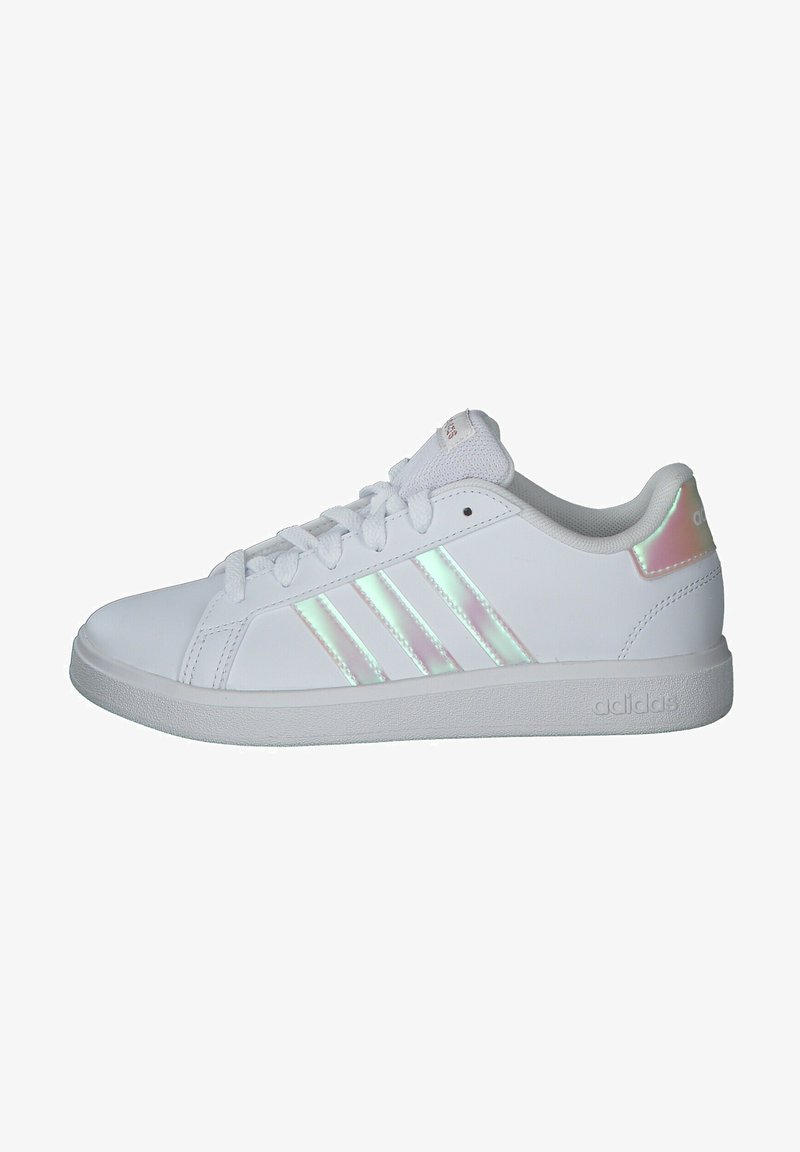 White athletic shoe with a smooth synthetic upper, three reflective stripes, padded collar, and textured rubber outsole.