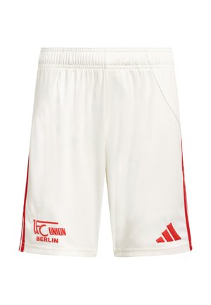 Hvide sportsshorts med røde sidelister, 1.FC Union Berlin-logo på venstre ben og rødt Adidas-logo på højre ben.