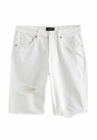 Vita denimshorts med slitna detaljer, med fransad fåll, flera fickor och mässingsbeslag. Märkesetikett: NEXT.