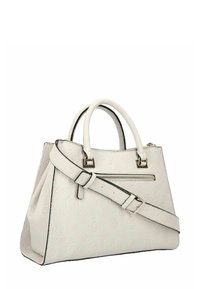 Borsa a mano in pelle bianca testurizzata con loghi floreali in rilievo, doppio manico, tasca con zip sul fronte e tracolla regolabile con fibbia.