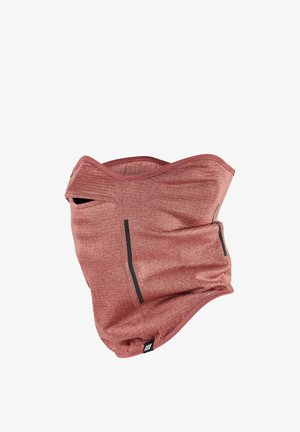 Red heathered fabric neck gaiter with a contoured shape, featuring a black zippered pocket and a smooth texture. Edges are stitched for durability.