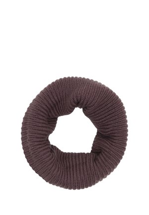 Dark brown knitted infinity scarf with ribbed texture, arranged in a circular shape on a white background.